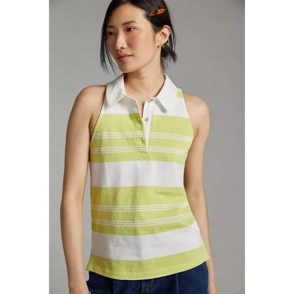 Maeve by Anthropologie Rigby Polo Tank Green White Stripe Sleeveless Size XS - Picture 1 of 6